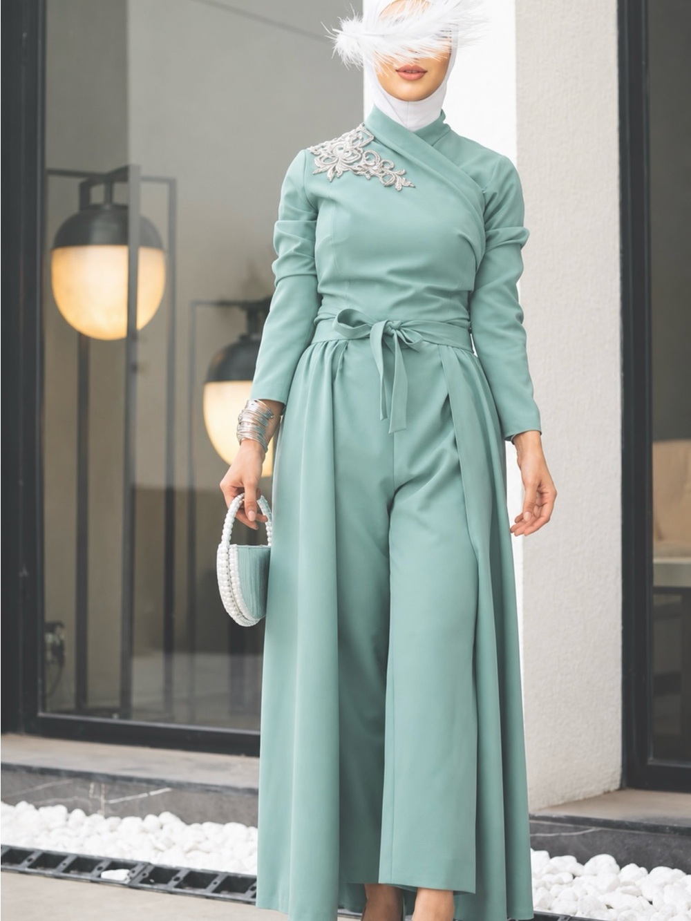 Mint Green Modest Jumpsuit Set with Overskirt